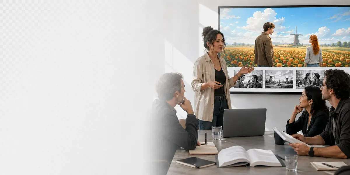 A film producer presents a Pzaz storyboard pitch deck on a meeting-room screen to studio executives and investors, keeping every visual and story update in sync